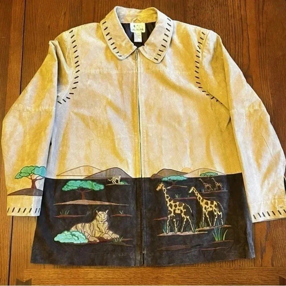The Quacker Factory Safari Vintage Tan Safari Animal Jacket 100% Leather Sz M - Picture 1 of 7